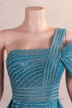 One Shoulder Beading Sweep Train Backless Prom Dresses