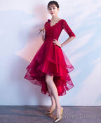 Burgundy V Neck Tulle Lace Short Prom Dress Bridesmaid Dresses