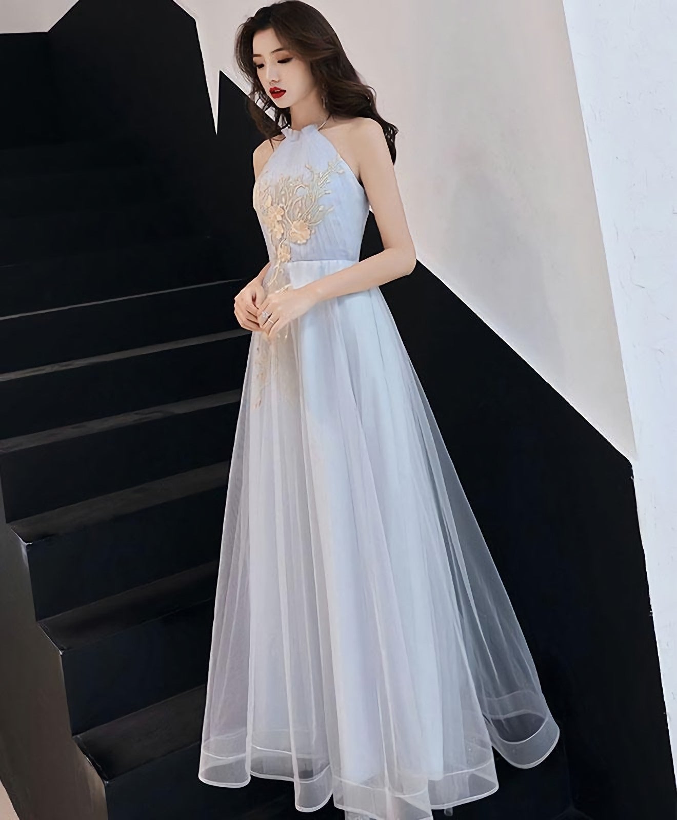 Gray Tulle Lace Long Prom Dress Gray Tulle Prom Dresses 4
