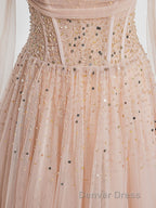 Champagne Pink Tulle Beads Long Prom Dresses, Champagne Evening Dresses