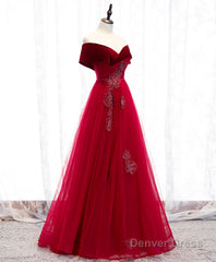 Burgundy Tulle Off Shoulder Long Prom Dress, Burgundy Formal Dress