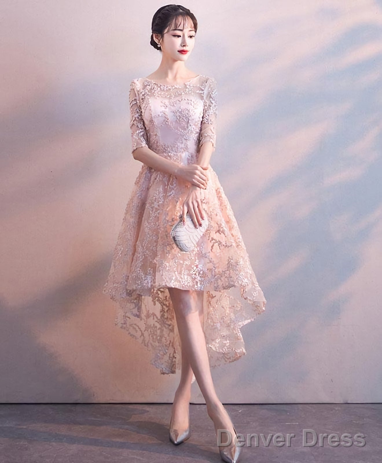 Pink Round Neck Lace Short Prom Dress Pink Homecoming Dresses 1 Main image