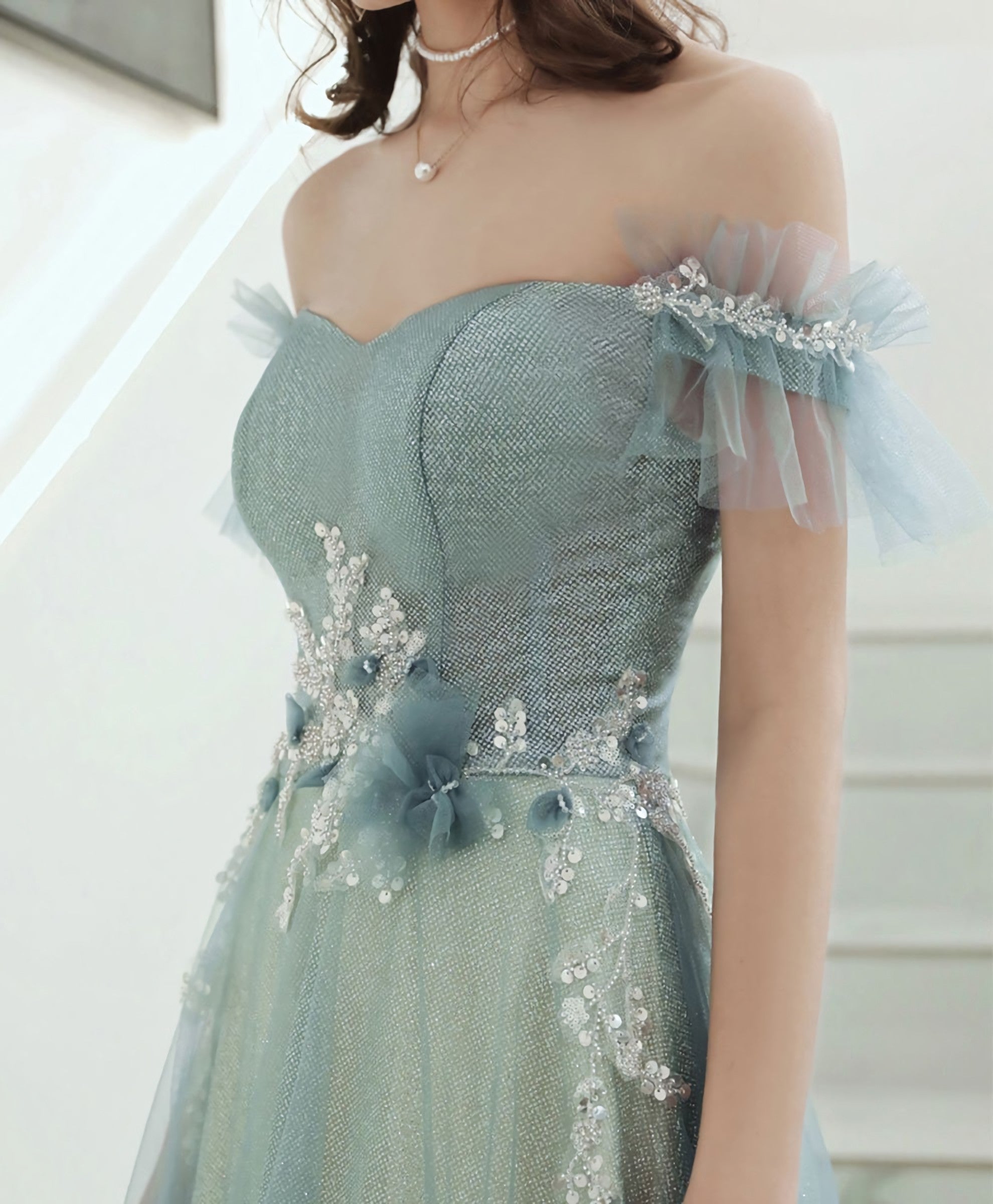 Green Tulle Lace Long Prom Dress Green Tulle Prom Dresses 1