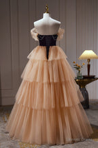 Champagne Off The Shoulder Prom Gowns A Line Tulle Long Prom Dresses