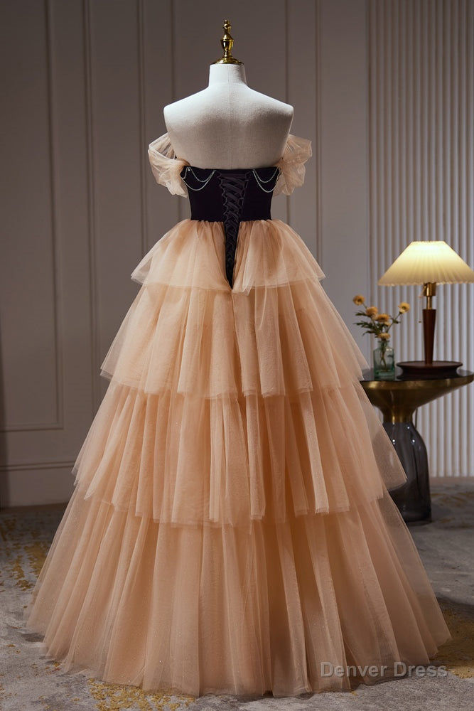 Champagne Off The Shoulder Prom Gowns A Line Tulle Long Prom Dresses