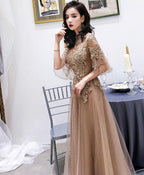 Champagne High Neck Tulle Lace Long Prom Dress Champagne Prom Dresses