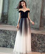 Simple Tulle Off Shoulder Black Long Prom Dress Black Tulle Prom Dresses