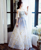 Unique Tulle Off Lace Long Prom Dress Tulle Prom Dresses