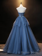 Blue Sweetheart Neck Tulle Long Prom Dress, Blue Prom Dresses