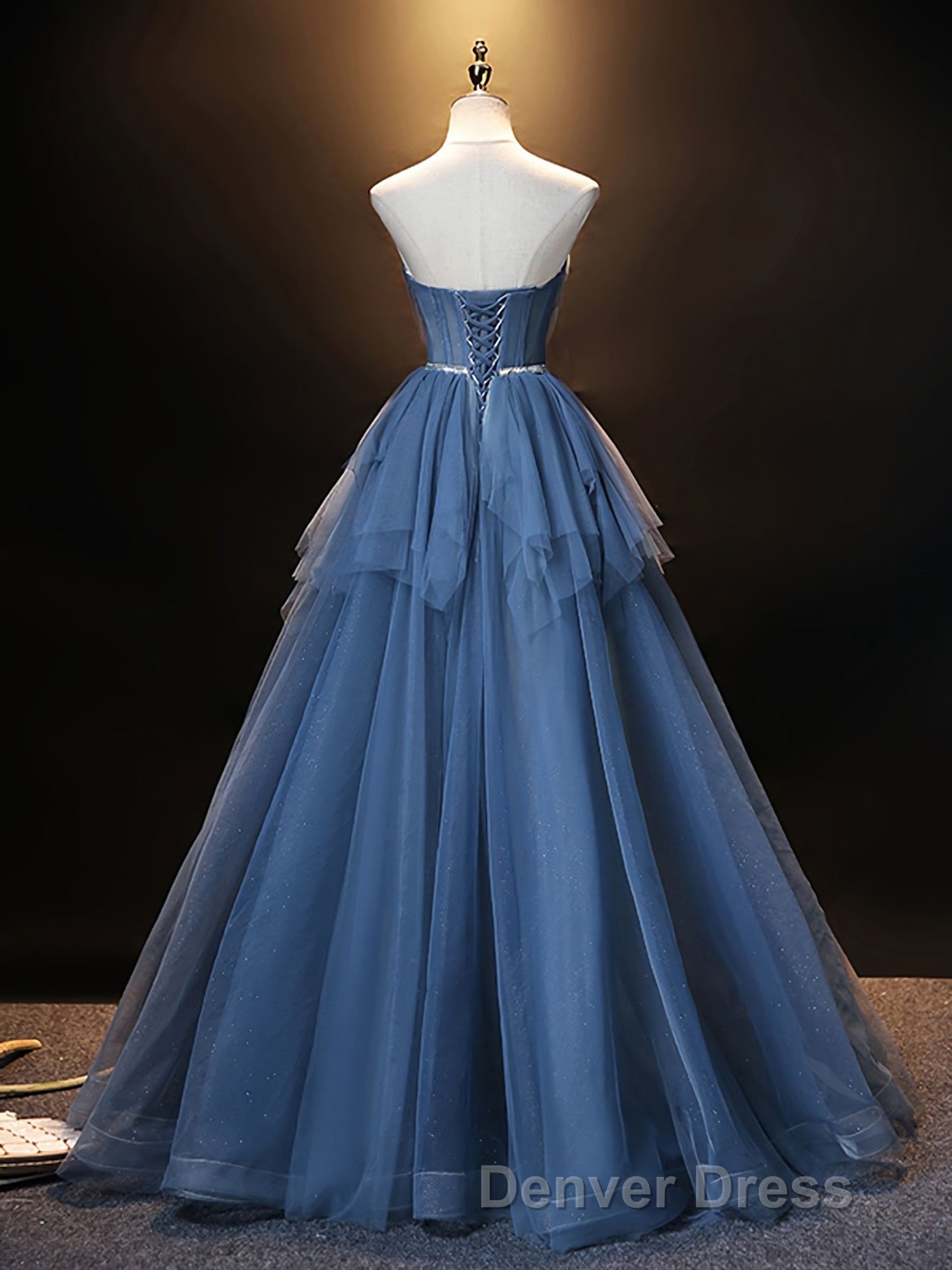 Blue Sweetheart Neck Tulle Long Prom Dress, Blue Prom Dresses