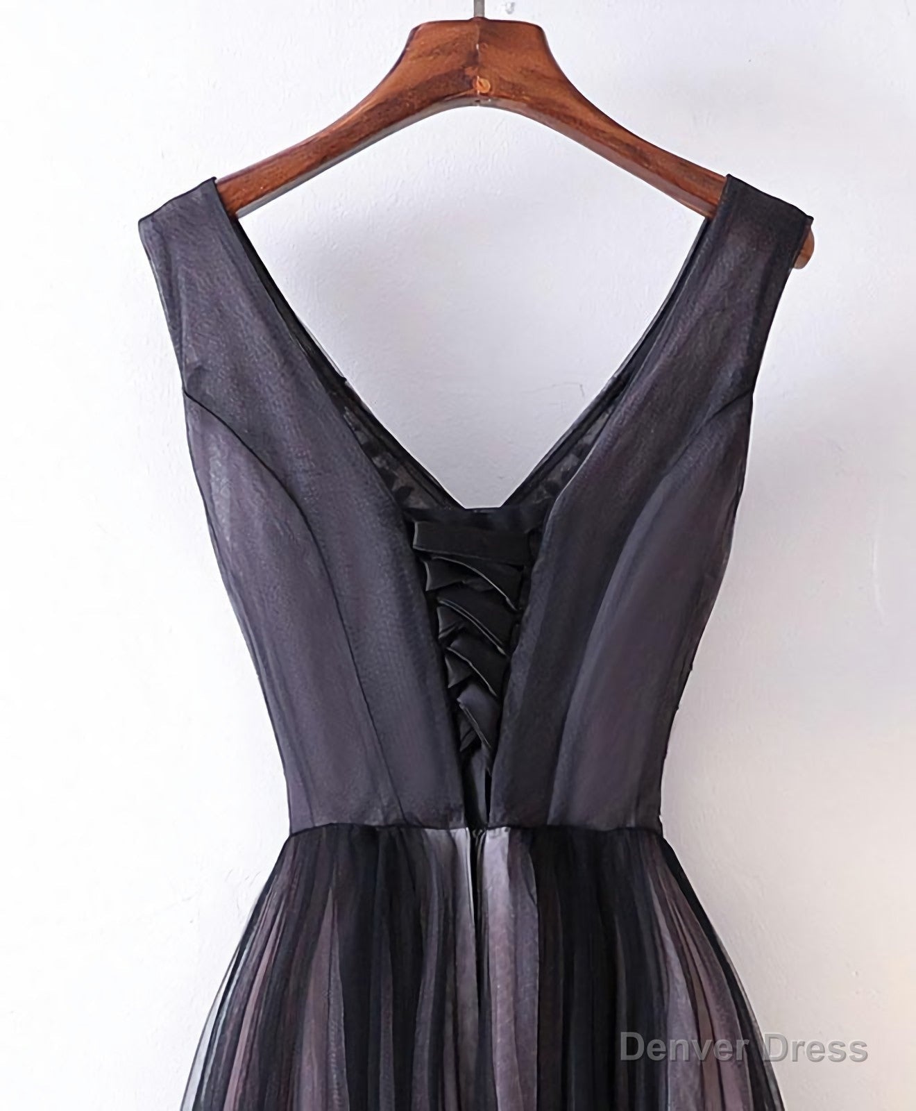 Black V Neck Lace Applique Tulle Long Prom Dress, Black Prom Dresses