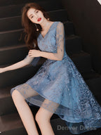 Blue V Neck Tulle Lace High Neck Prom Dress Blue Lace Homecoming Dresses