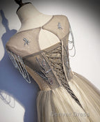 Champagne Round Neck Sequin Long Prom Dresses, Tulle Formal Dresses