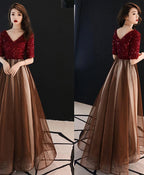 Burgundy Sequin Tulle Long Prom Dress Burgundy Prom Dresses