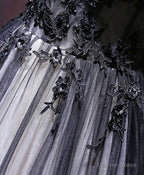Black V Neck Tulle Lace Applique Long Prom Dress, Black Prom Dresses, 1