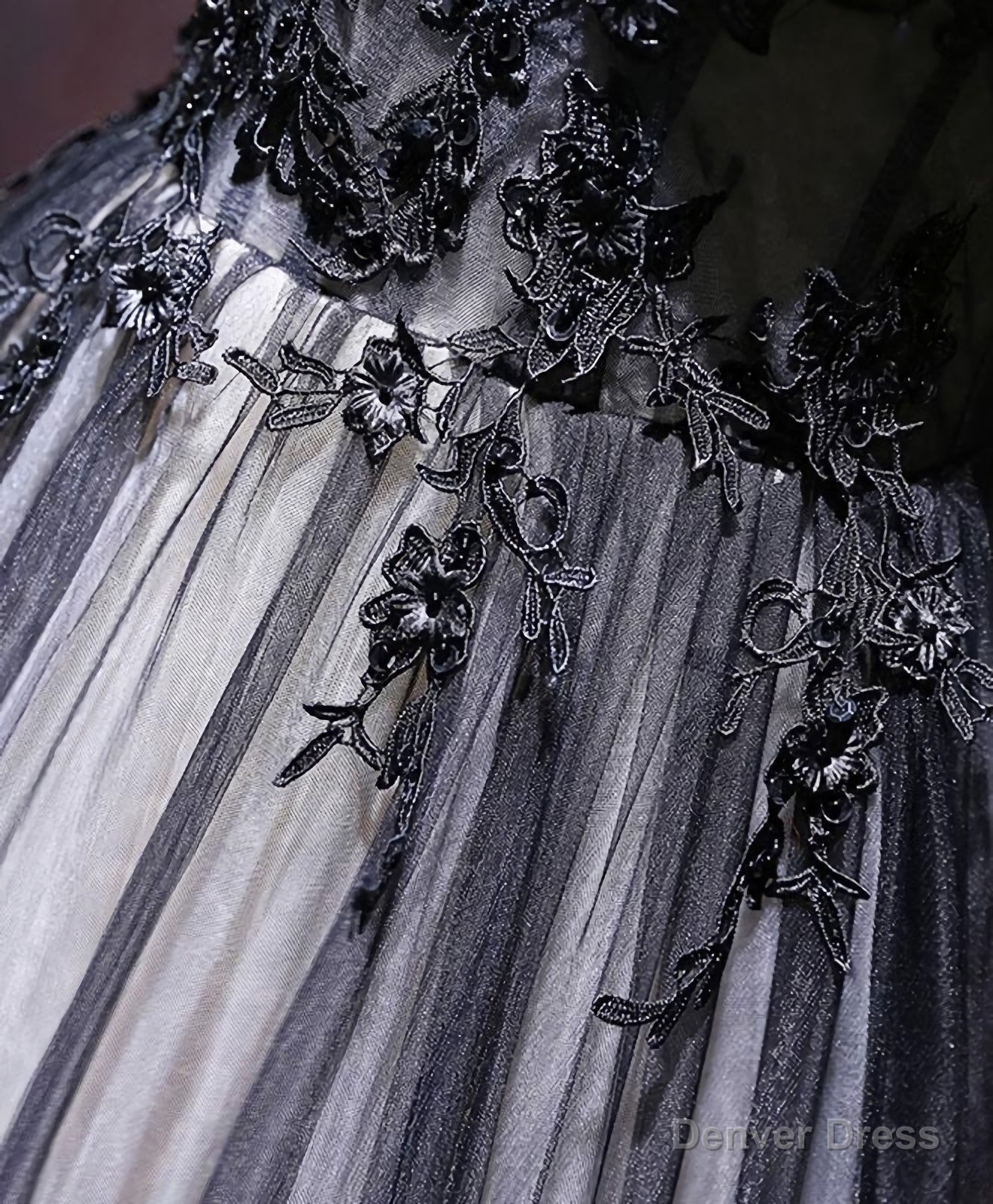 Black V Neck Tulle Lace Applique Long Prom Dress, Black Prom Dresses, 1