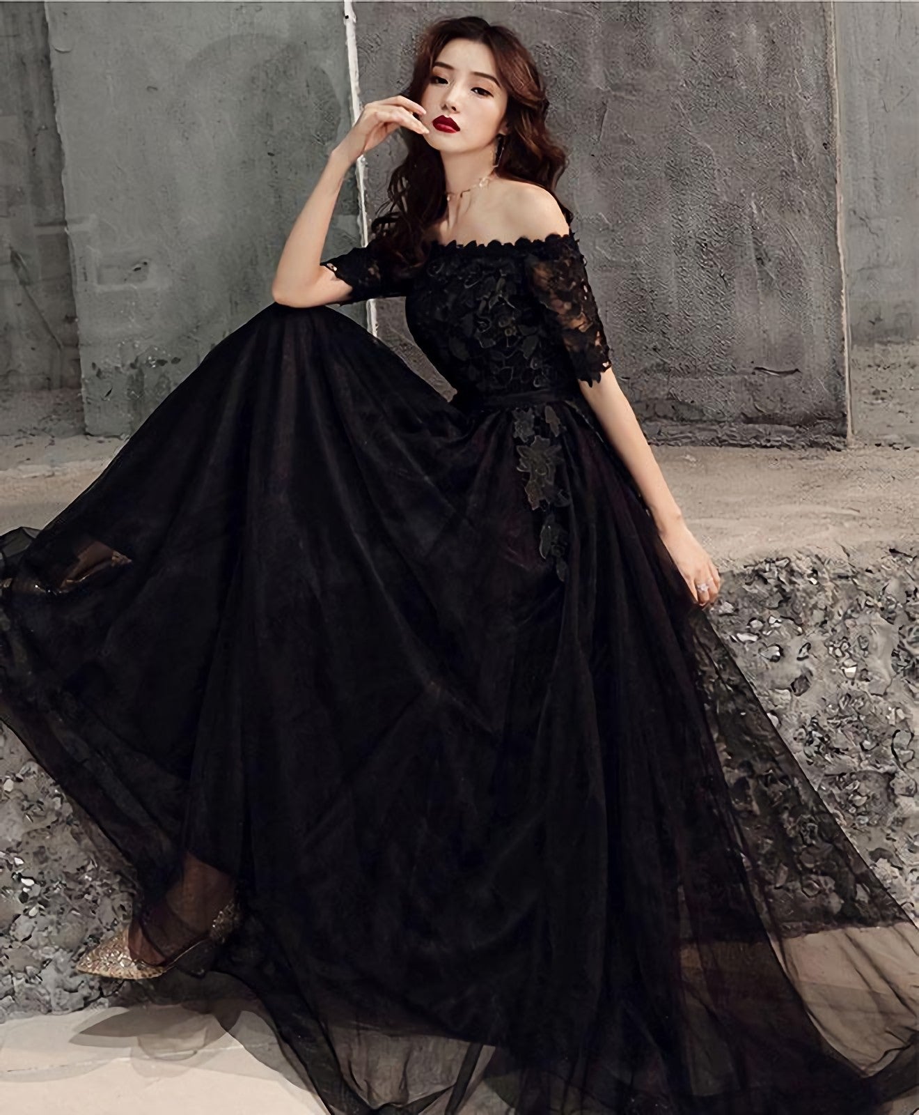 Black Tulle Lace Long Prom Dress Black Tulle Prom Dresses