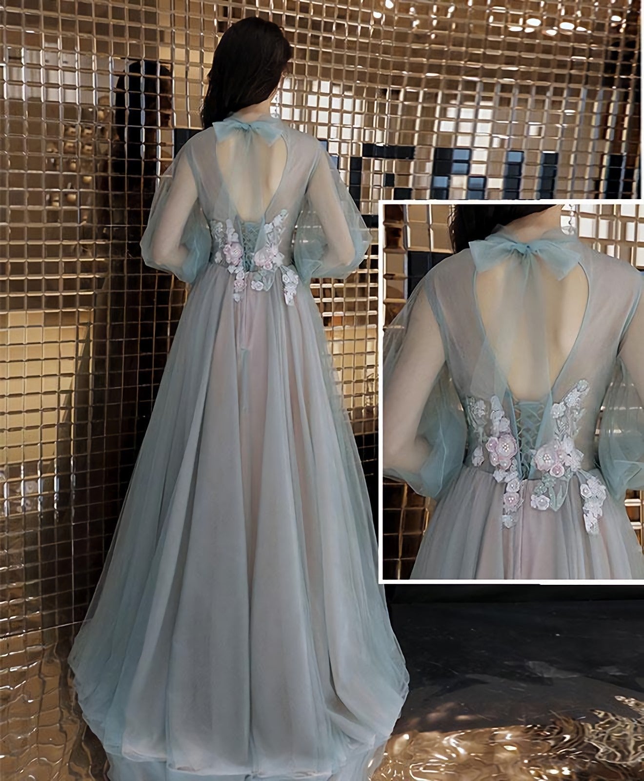 Green Tulle Lace Long Prom Dress Green Tulle Prom Dresses