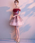 Pink Tulle Lace Short Prom Dress Pink Tulle Homecoming Dresses
