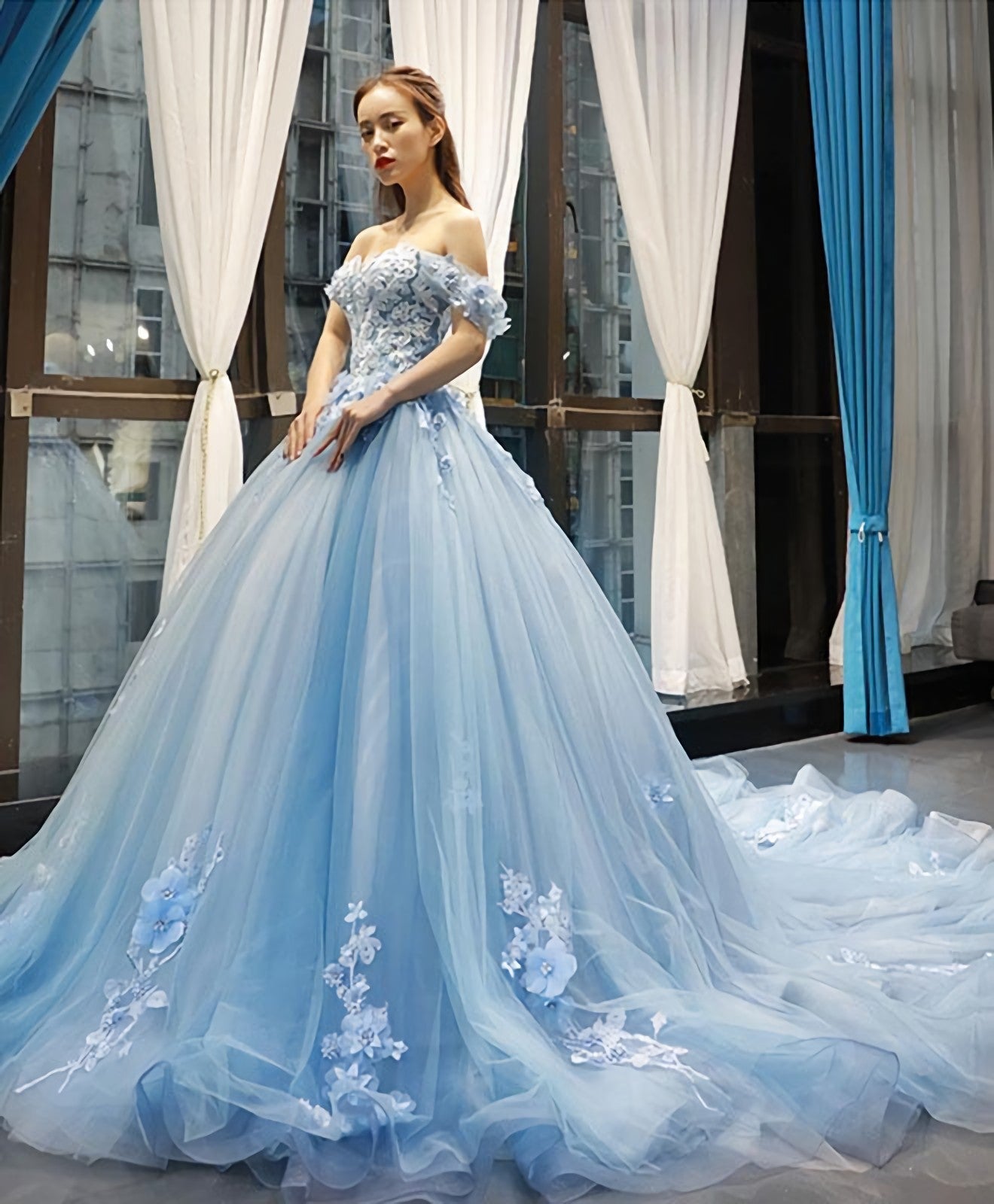 Blue Off Shoulder Tulle Lace Long Prom Gowns Blue Prom Dresses