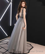 Gray V Neck Tulle Sequin Long Prom Dress Gray Tulle Evening Dress