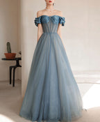 Blue Sweetheart Off Shoulder Tulle Long Prom Dress Blue Prom Dresses