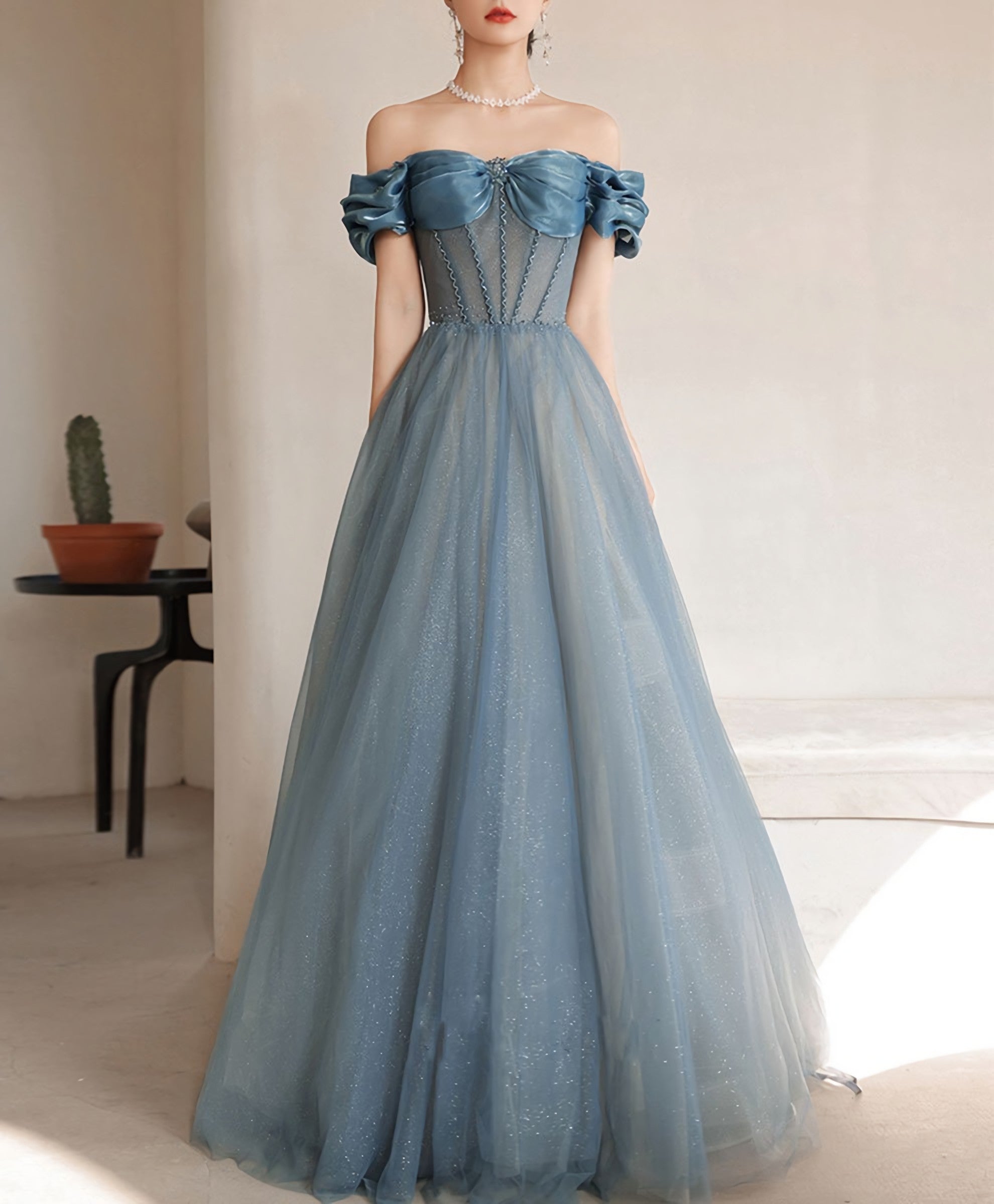 Blue Sweetheart Off Shoulder Tulle Long Prom Dress Blue Prom Dresses