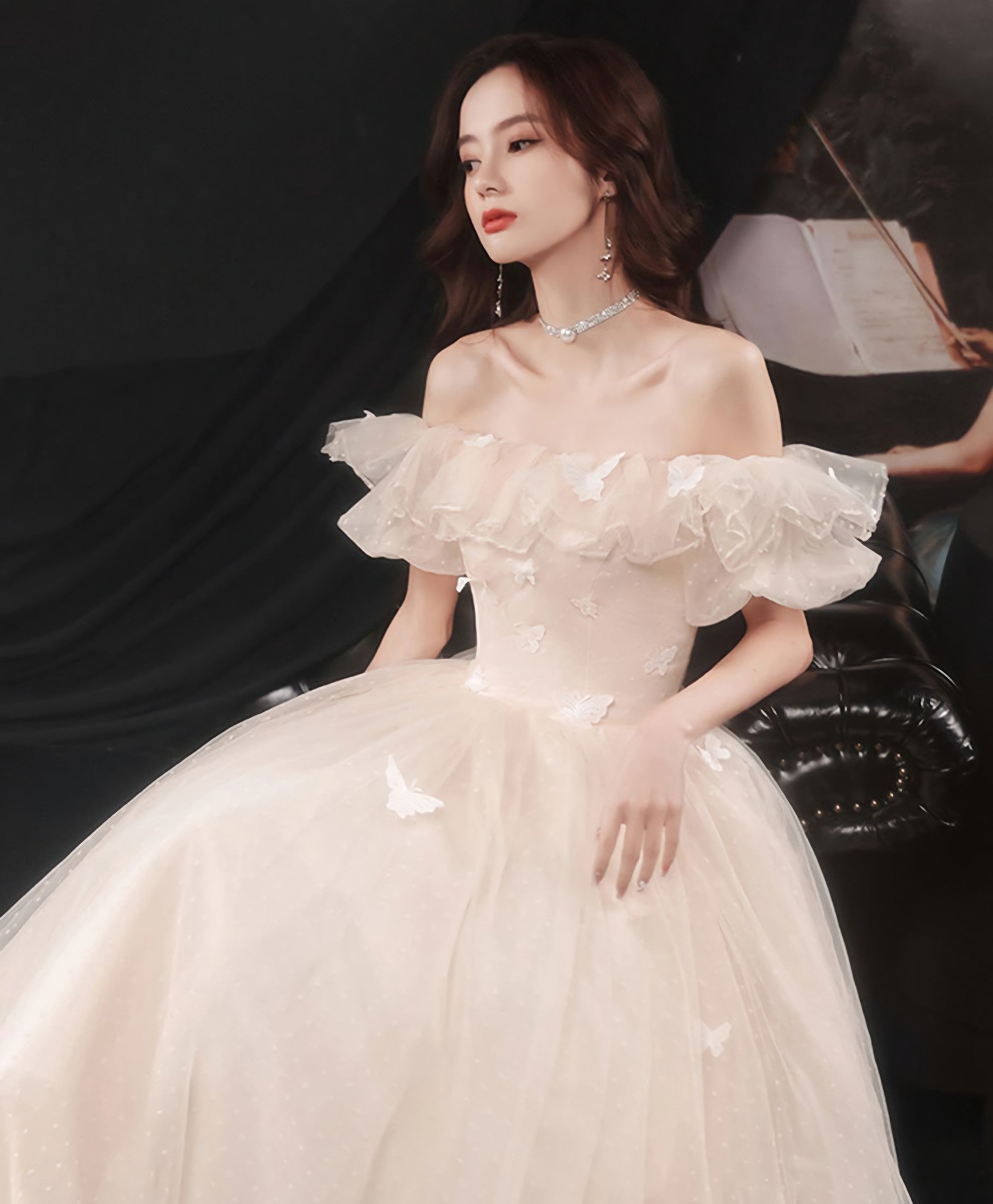 Champagne Tulle Lace Off Shoulder Long Prom Dress Tulle Prom Dresses
