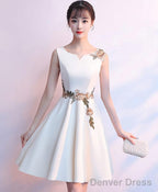 Simple White Satin Applique Short Prom Dress Cute Homecoming Dress