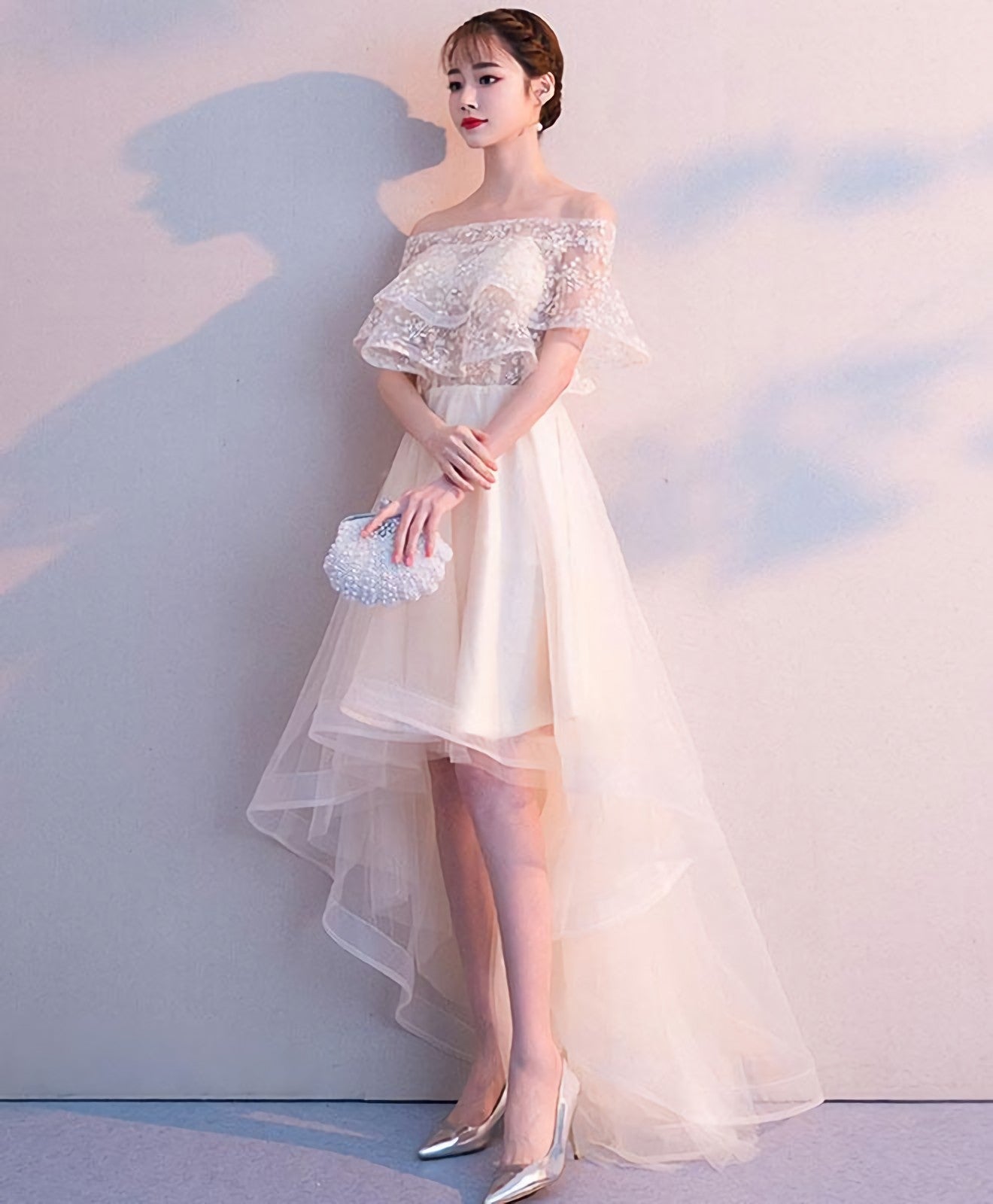 Champagne Tulle High Low Prom Dress Tulle Prom Dresses