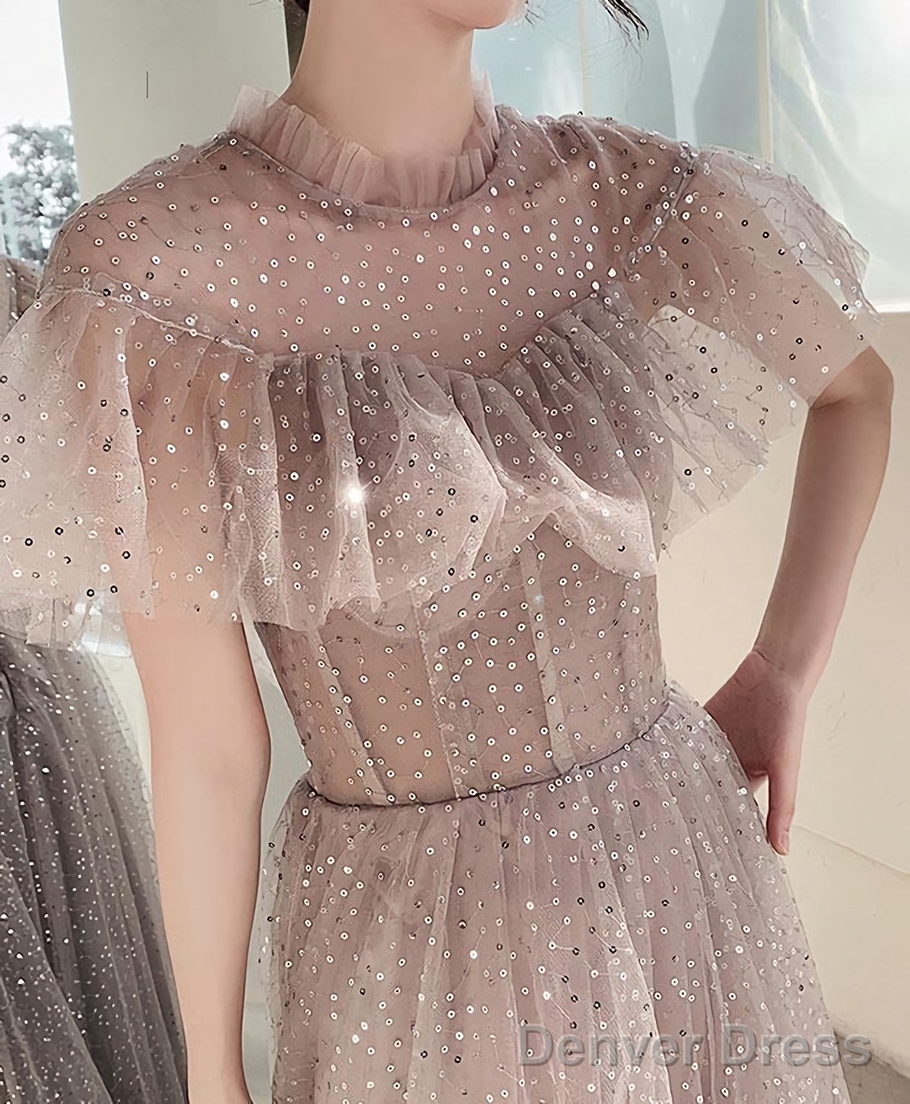 Champagne Tulle Sequin Long Prom Dress Tulle Formal Dress