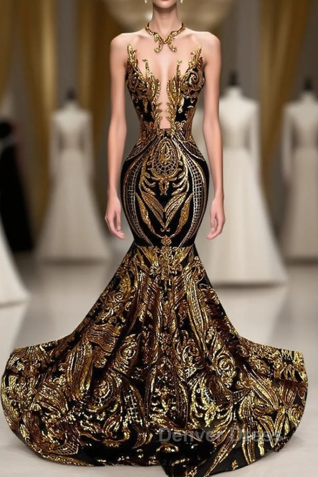 Long Sleeveless Mermaid Prom Dresses with Gold Sequins Main image