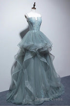 Gray Spaghetti Straps Tulle Princess Prom Dress Long Prom Dresses