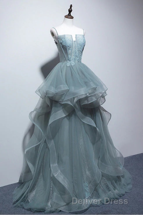 Gray Spaghetti Straps Tulle Princess Prom Dress Long Prom Dresses