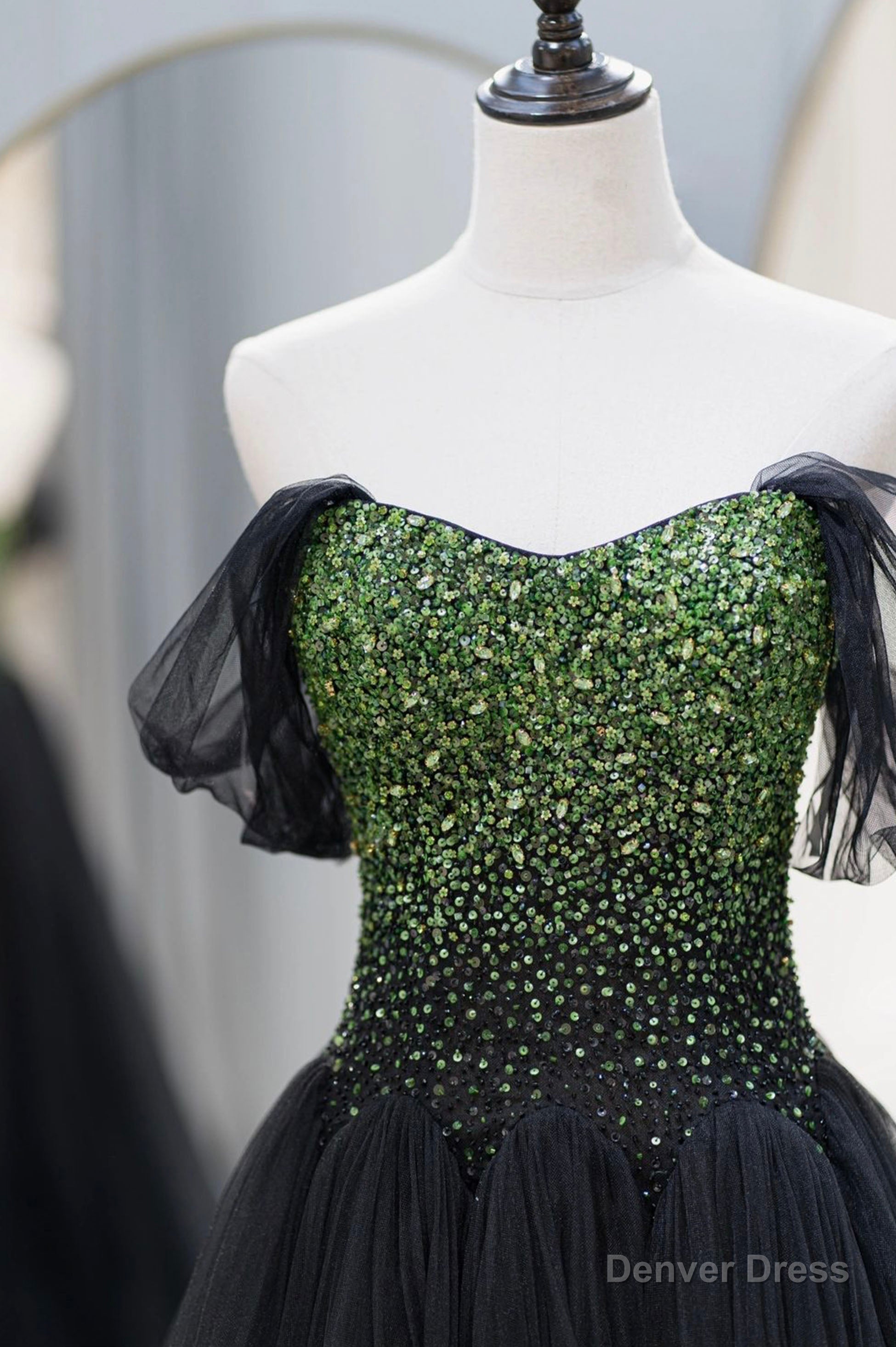 Black Tulle Long A-Line Prom Dress, Black Evening Dress with Green Beaded Secondary image