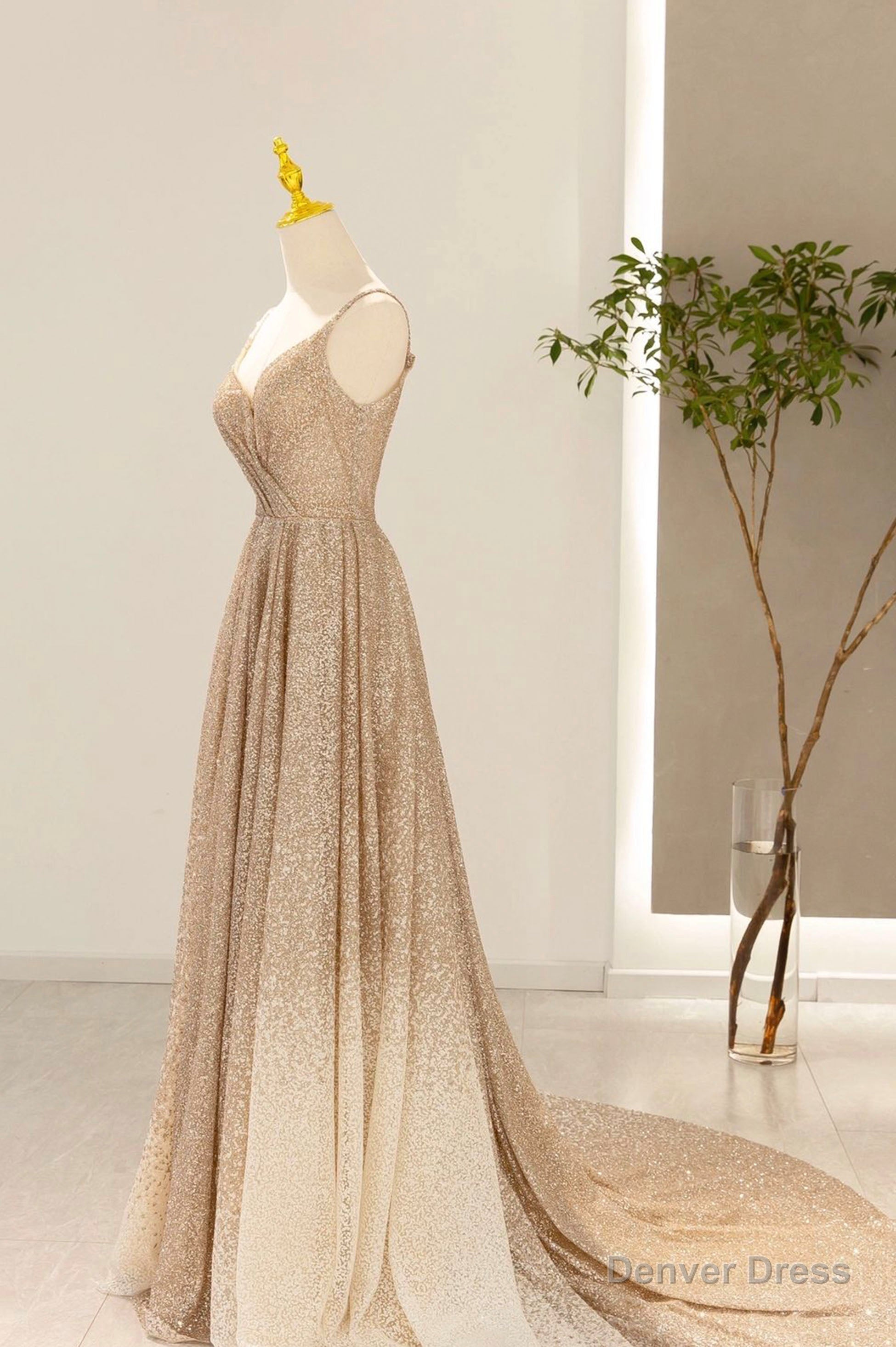 Gold V-Neck Sequins Long Prom Dress, A-Line Evening Party Dress Secondary image