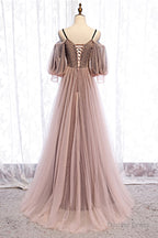 A-Line Tulle Long Prom Dresses, Lace Evening Dresses