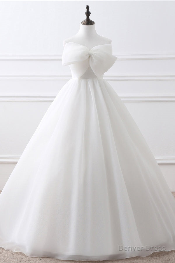 Elegant Strapless White Long Wedding Dresses with Bow