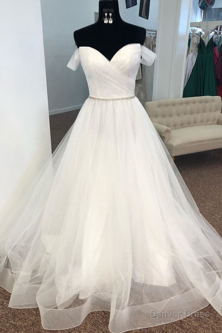 Off the Shoulder Pleated Wedding Dresses with Beaded Waist Main image
