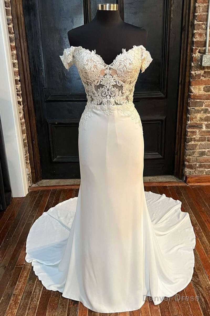 White Lace Off-the-Shoulder Mermaid Long Wedding Gown Main image
