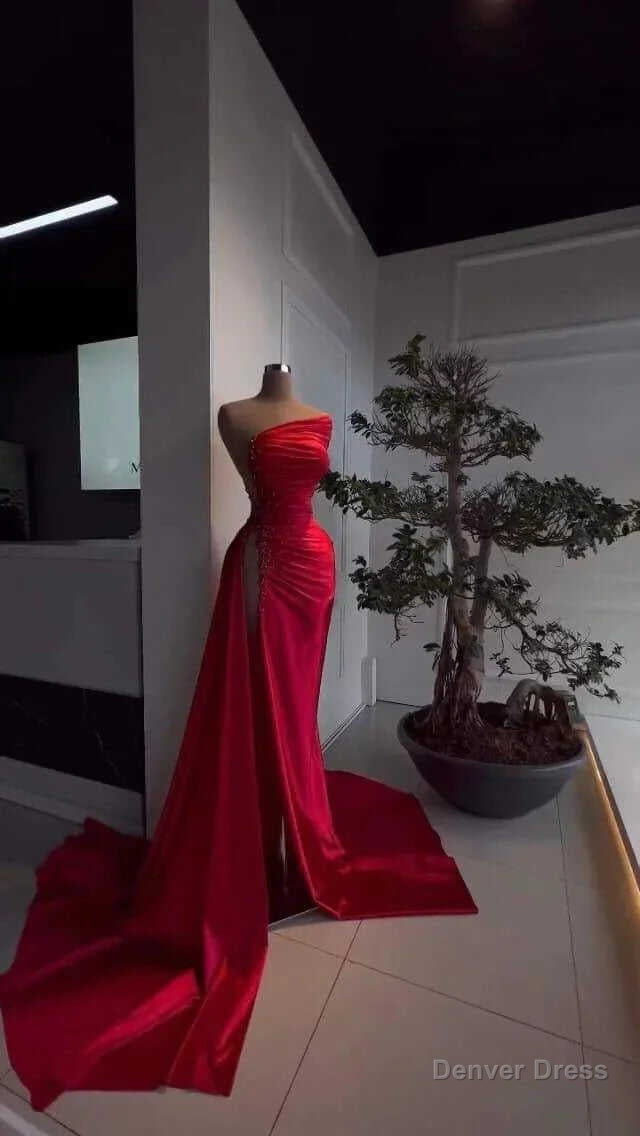 Red Pearl Strapless Prom Dresses Long Slit Sleeveless Main image