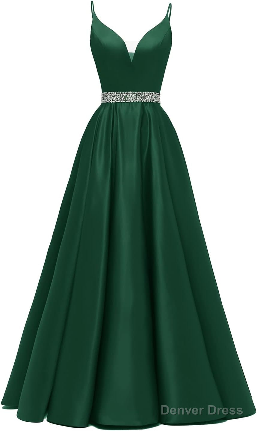 Spaghetti Straps Prom Dresses Long Satin Beaded V-Neck Formal Evening Party Ball Gowns with Pockets