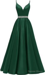 Spaghetti Straps Prom Dresses Long Satin Beaded V Neck Prom Ball Gown with Pockets