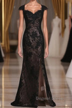 Black Off The Shoulder Sheath Prom Dresses Lace&Tulle Floor Length With Applique & Slit
