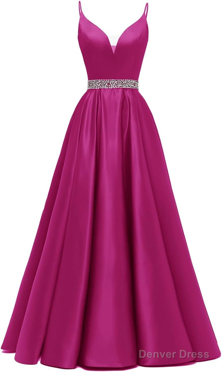Spaghetti Straps Prom Dresses Long Satin Beaded V-Neck Formal Evening Party Ball Gowns with Pockets