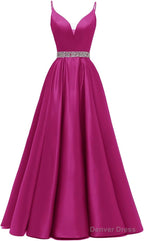 Spaghetti Straps Prom Dresses Long Satin Beaded V Neck Prom Ball Gown with Pockets