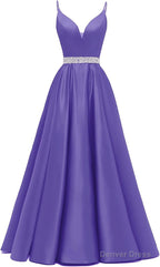 Spaghetti Straps Prom Dresses Long Satin Beaded V Neck Prom Ball Gown with Pockets