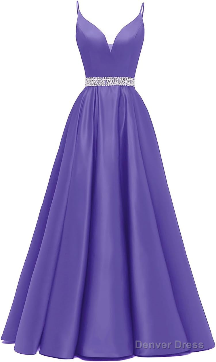 Spaghetti Straps Prom Dresses Long Satin Beaded V Neck Prom Ball Gown with Pockets