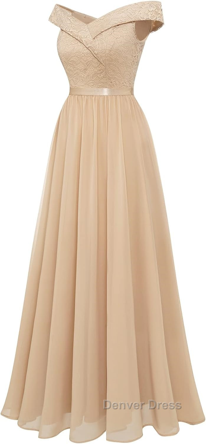 Womens Lace Bridesmaid Dress A Line Off Shoulder Floral Lace Chiffon Prom Dresses