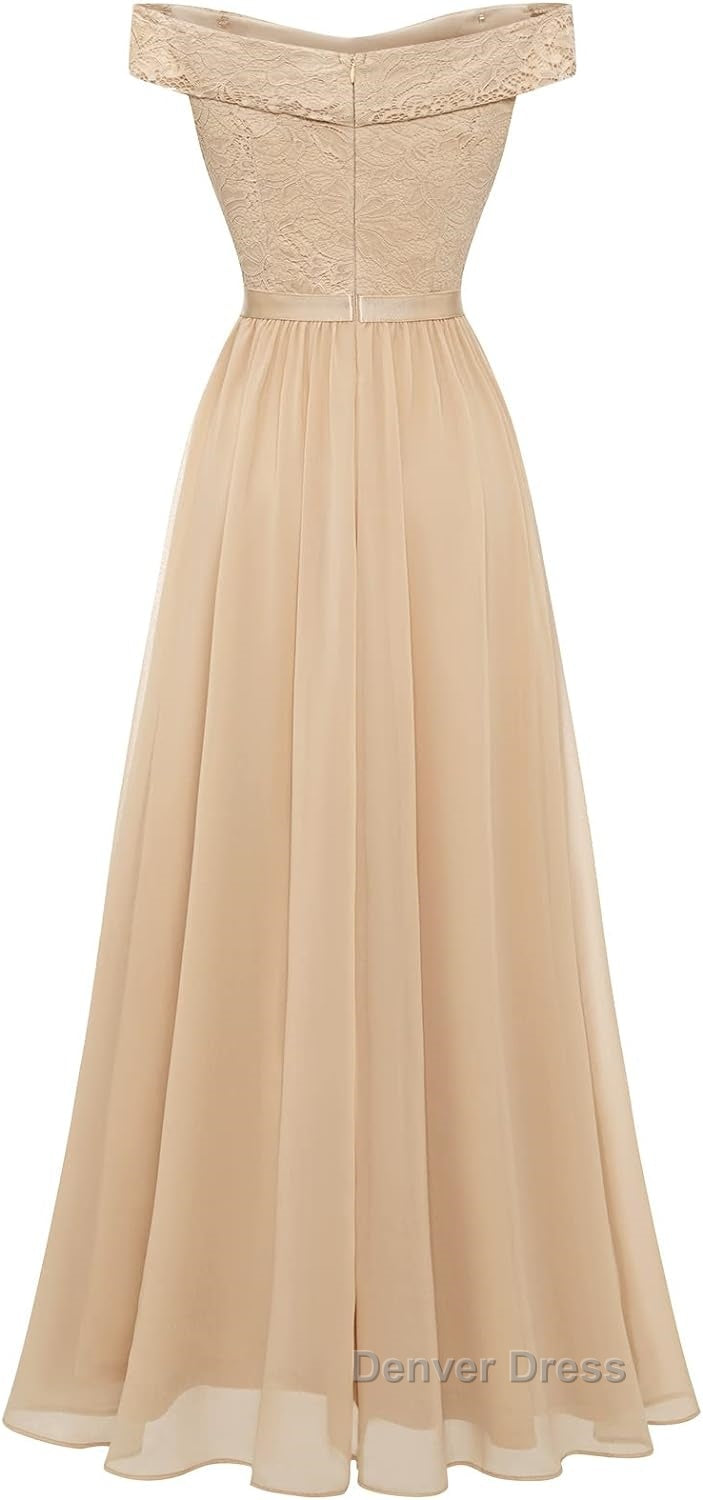 Womens Lace Bridesmaid Dresses A-Line Off Shoulder Floral Lace Chiffon Prom Dresses